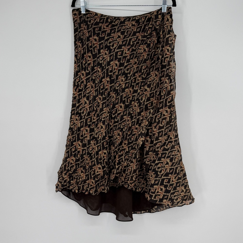 Vintage LRL Ralph Lauren Silk Wool Blend Ikat Print Midi Skirt Brown Tan Size 12